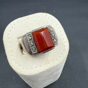 Vintage Sterling Silver Carnelian & Marcasite Ring – Marked Sterling –‎ Size 6.5